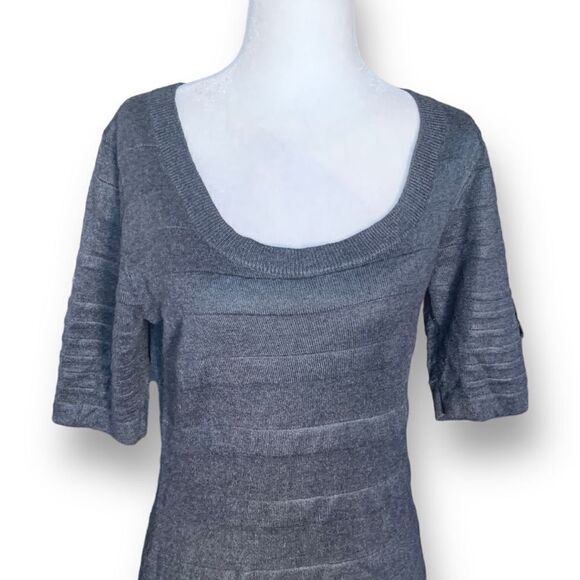 Calvin Klein Women's Gray Scoop Neck Short Sleeve Striped Midi Sweater Dress - Picture 4 of 9